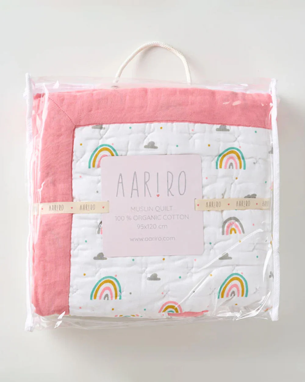 Aariro Baby Quilt -100% Organic Muslin Cotton-Ultra Soft & Breathable-White & Pink-Follow the Rainbow-For Infants - Image 6