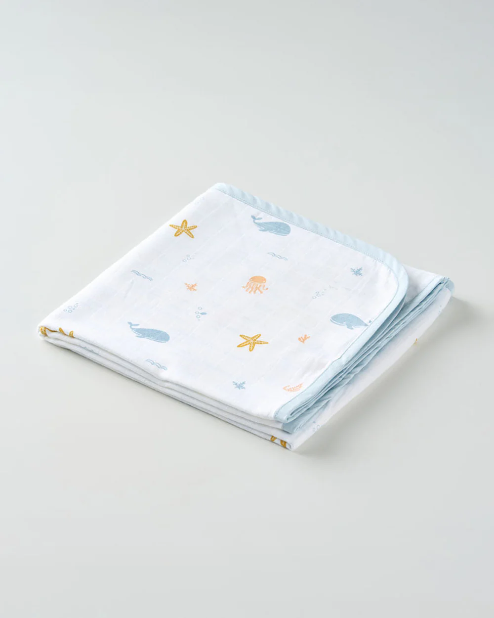 Aariro Reversible Muslin Blanket-Under The Sea-Organic Cotton-White & Light Blue-For Infants - Image 2