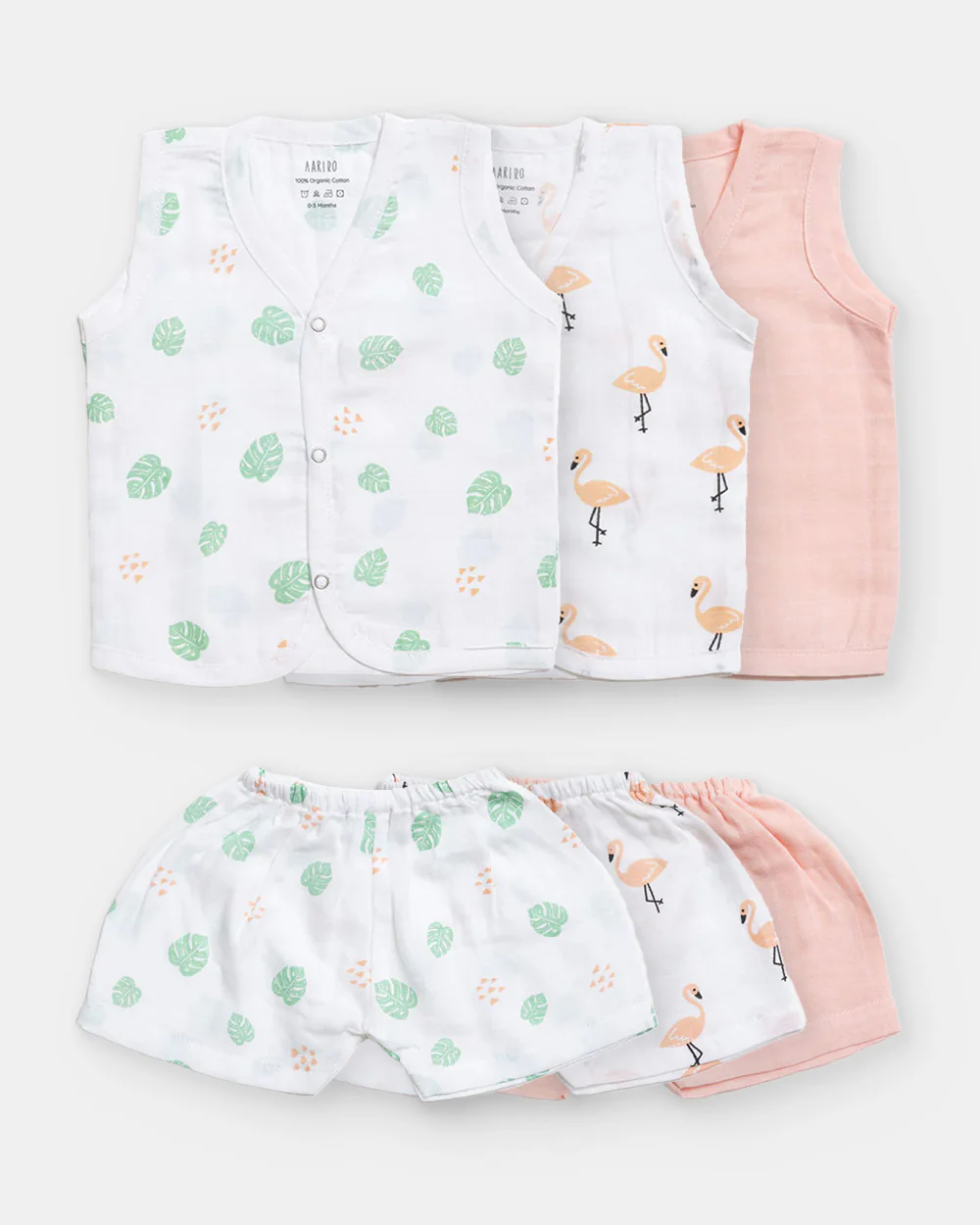 Aariro White & Pink Jhabla & Shorts Set-Flamingo & Leaves Print-Organic Cotton-Pack of 3-For Infants