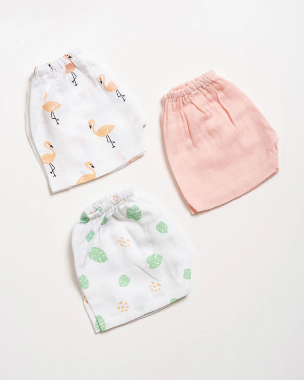 Aariro White & Pink Shorts-Flamingo and Leaves Print-Organic Cotton Muslin-Pack of 3-For Infants