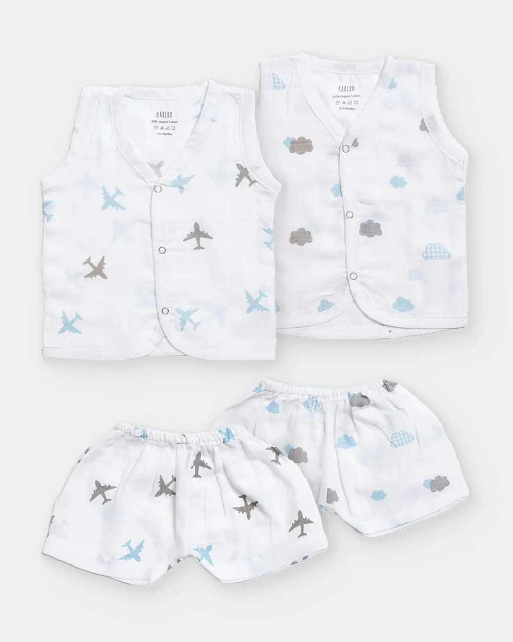 Aariro White Jhabla & Shorts Set-Aeroplane & Cloud Print-Organic Cotton-Pack of 2-For Infants