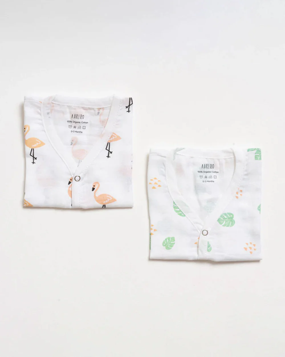 Aariro White Jhablas-Tropical Flamingo-100% GOTS Certified Organic Muslin-Pack of 2-For Infants