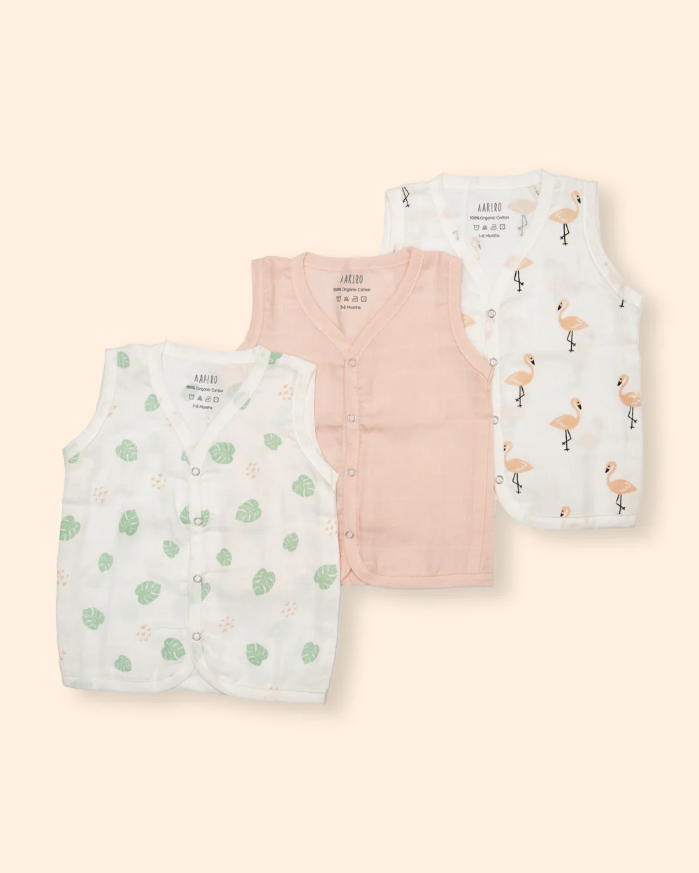 Aariro White & Pink Jhabla-Flamingo and Leaves Print-Organic Cotton-Pack of 3-For Infants
