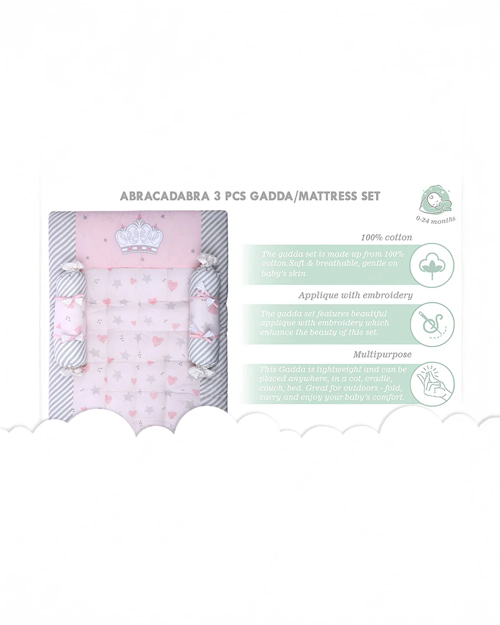 Abracadabra Baby Gadda Set-With 2 Bolsters & Mattress-Pink-Ballerina-For Infants - Image 7