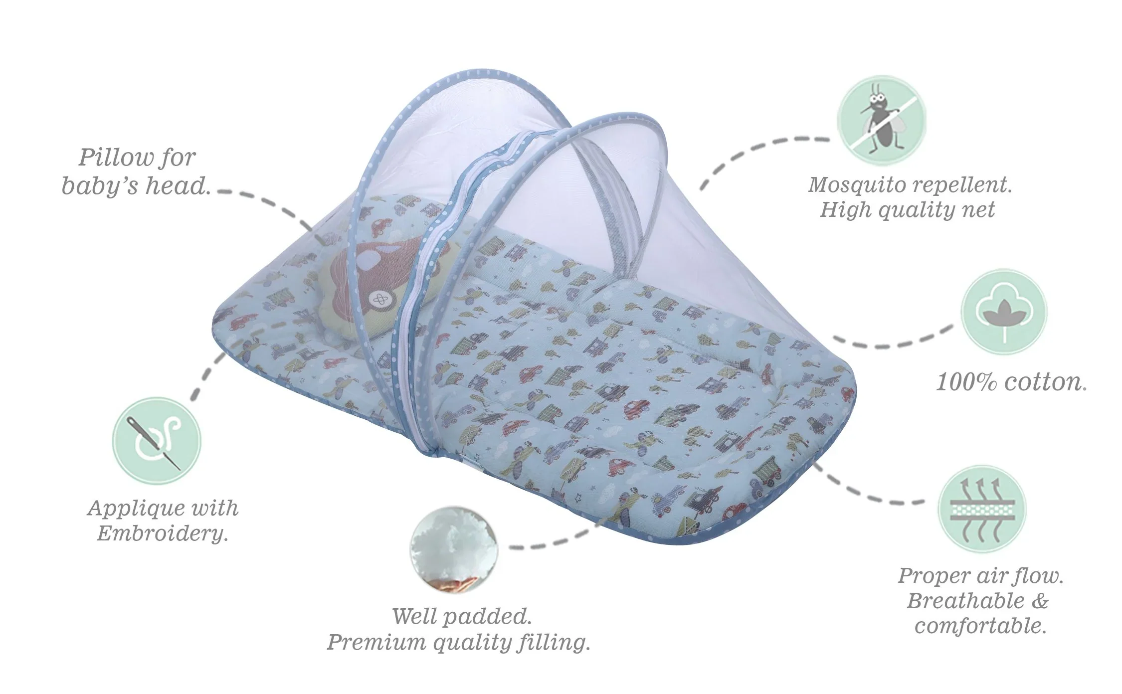 Abracadabra Baby Gadda Set-With Mosquito Net & Baby Pillow-Blue-Transport-For Infants - Image 4