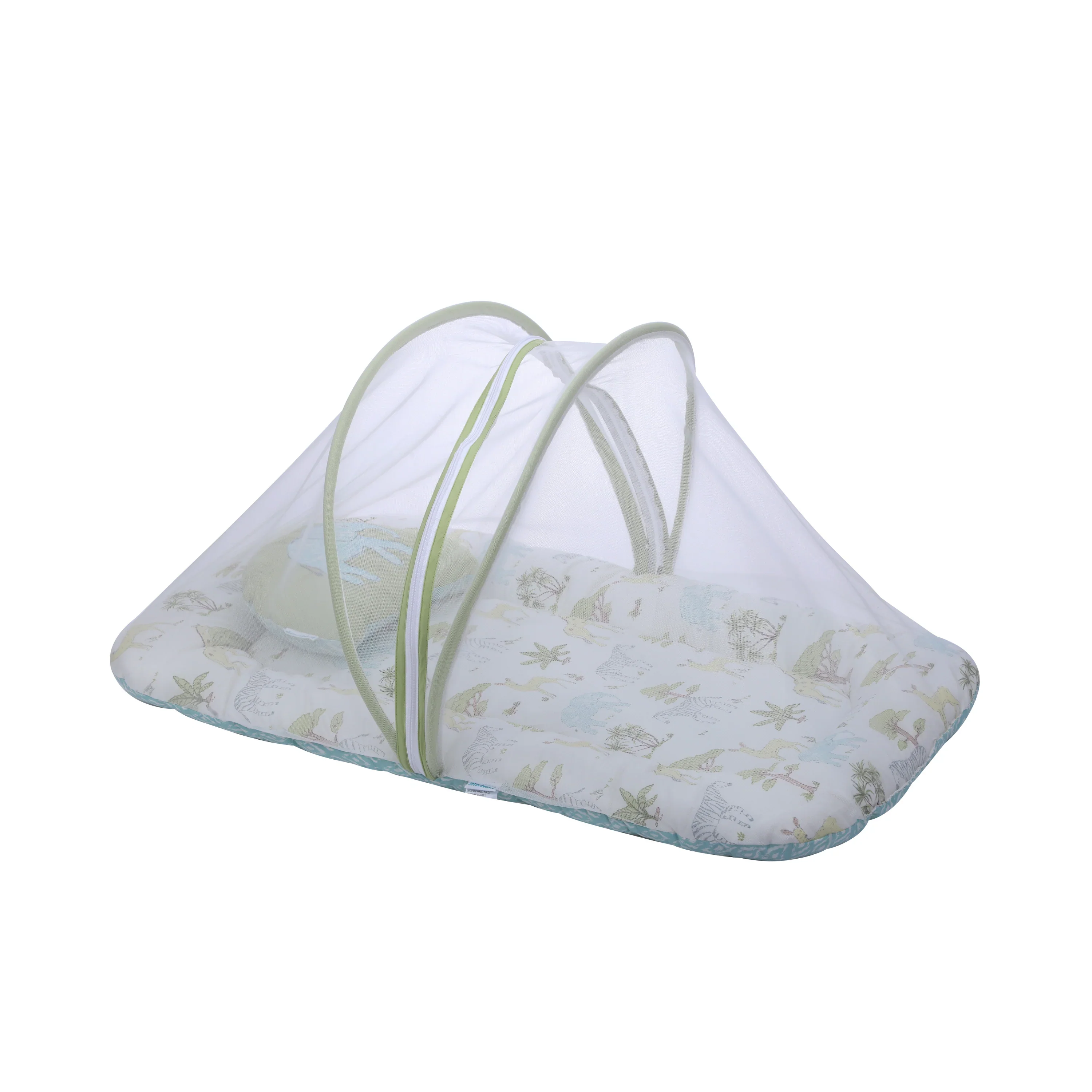 Abracadabra Baby Gadda Set-With Mosquito Net & Baby Pillow-White & Green-Savanna-For Infants