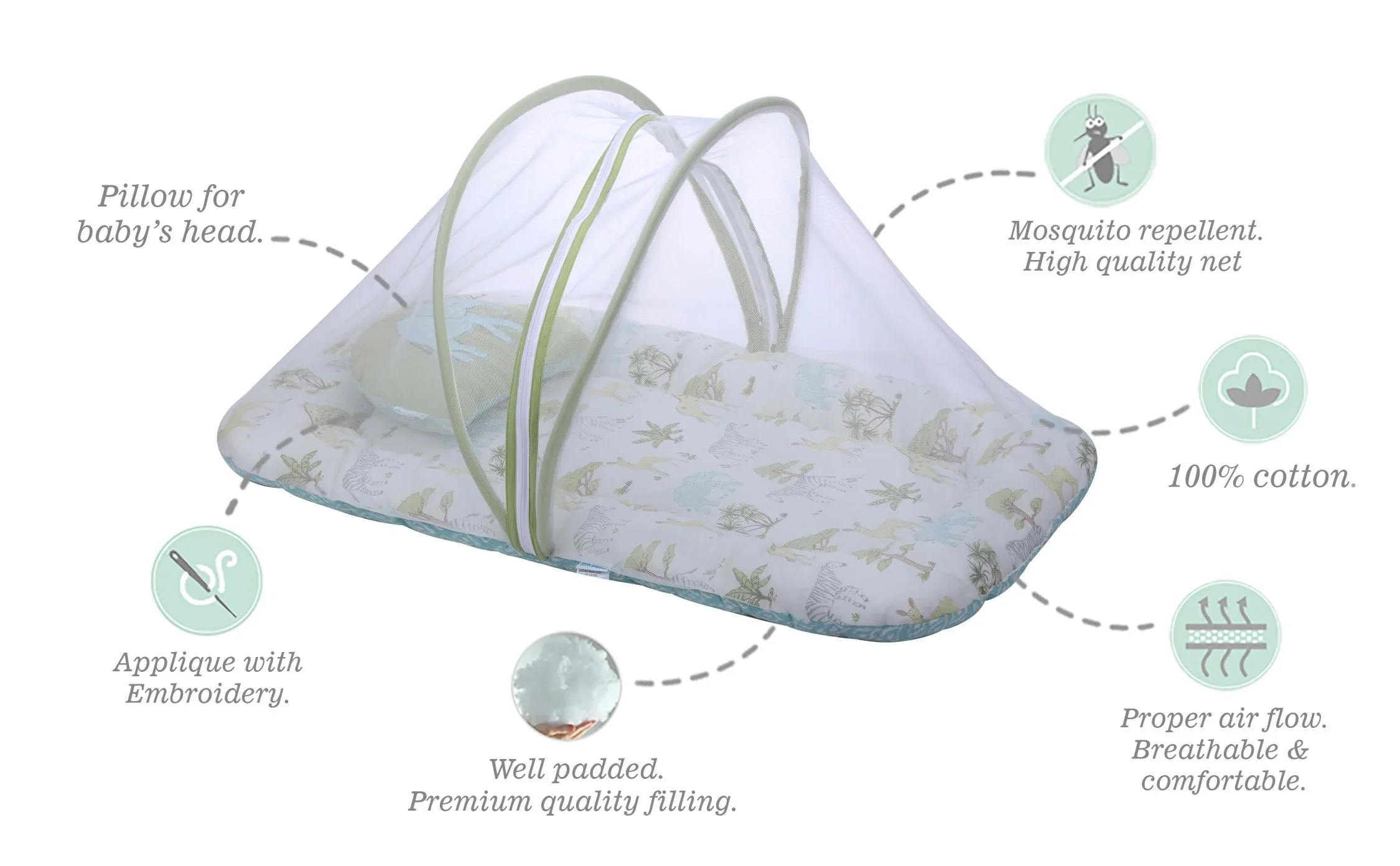 Abracadabra Baby Gadda Set-With Mosquito Net & Baby Pillow-White & Green-Savanna-For Infants - Image 4