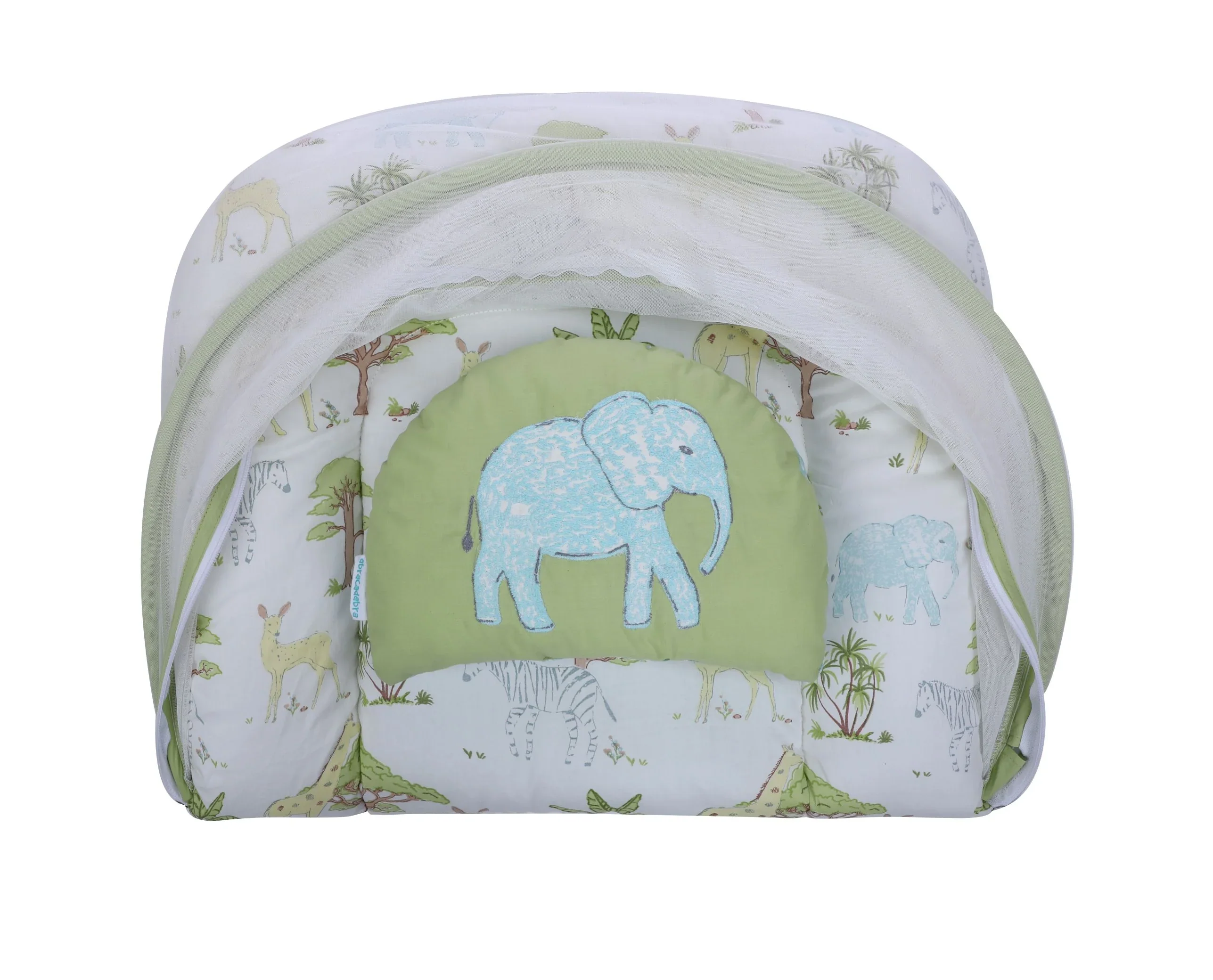 Abracadabra Baby Gadda Set-With Mosquito Net & Baby Pillow-White & Green-Savanna-For Infants - Image 5