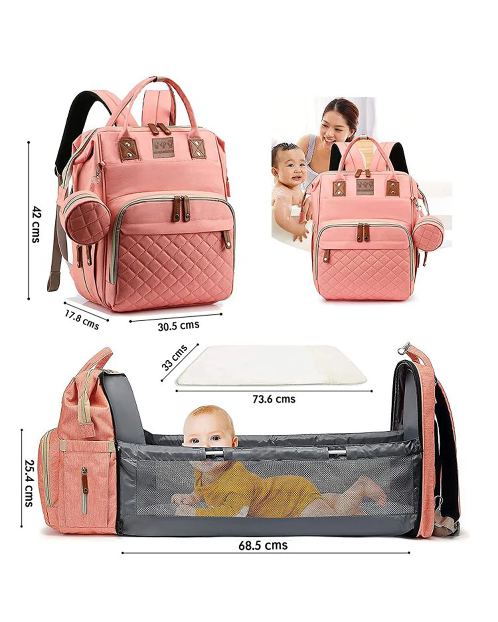 Abracadabra Diaper Bag-Backpack-With Changing Station & USB Charging Port-Pink - Image 3