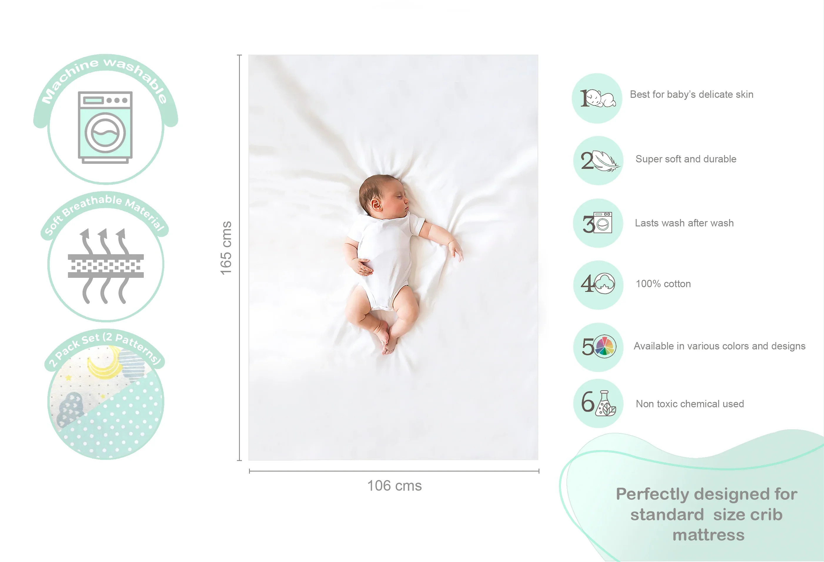 Abracadabra Flat Bedsheet-Lost in Clouds-100% Natural Premium Cotton-Green & White-Pack of 2 Baby Bedsheets-For Infants - Image 9