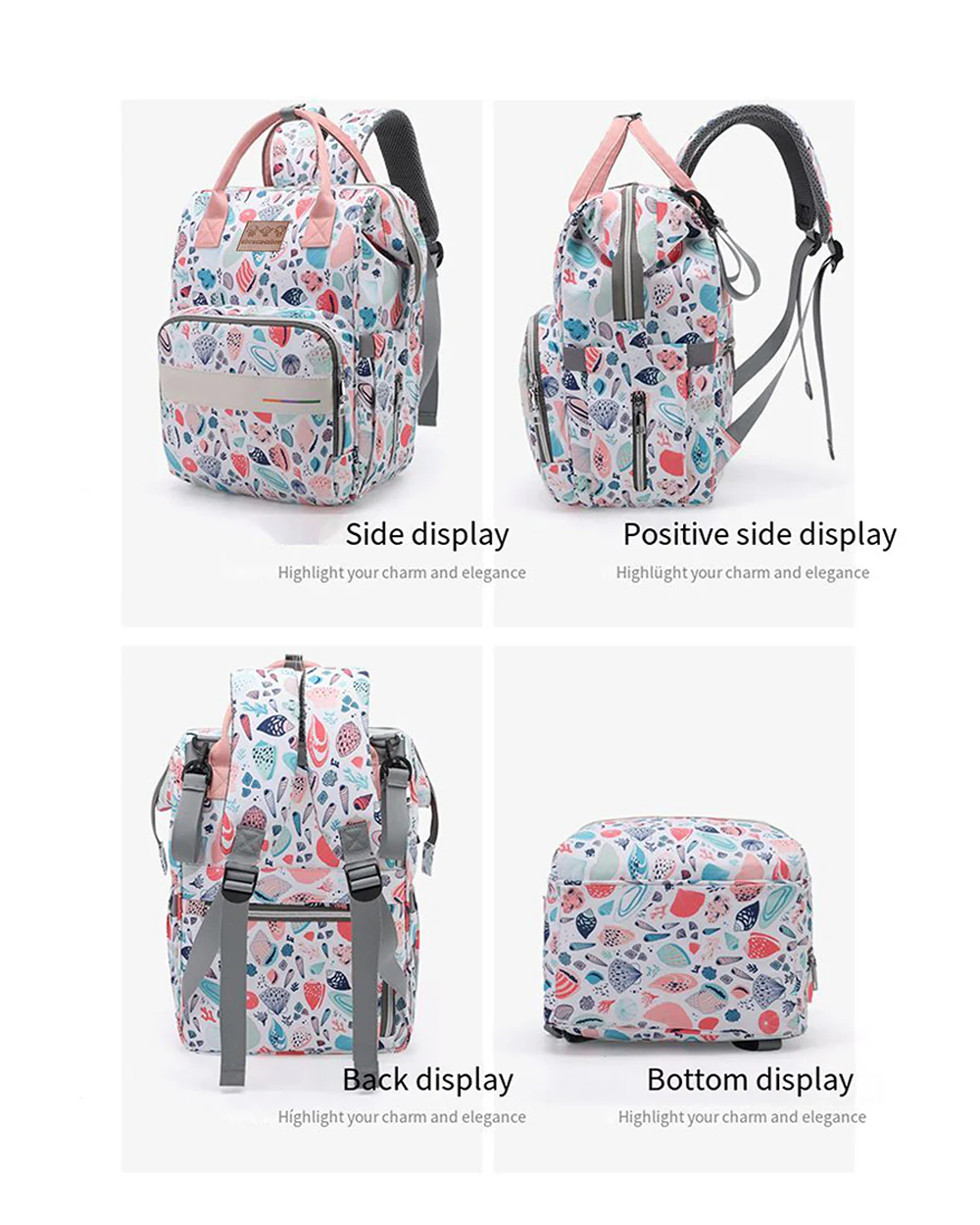 Abracadabra Multi-functional Diaper Bag-Backpack-With Stroller Hooks-Seashells - Image 6