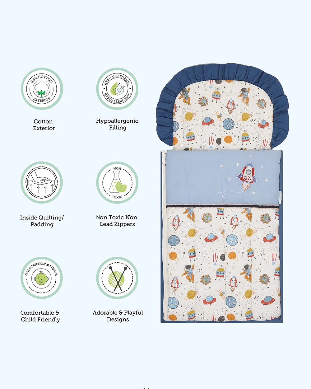 Abracadabra Quilted Baby Carrier Nest Cum Sleeping Bag-Rocketman-Peach-For Infants - Image 6