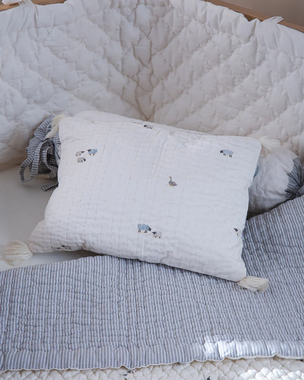 Aplito Baby Bedding Set-Baa Baa Bliss-100% Organic Cambric Cotton-White & Light Blue -For Infants - Image 3