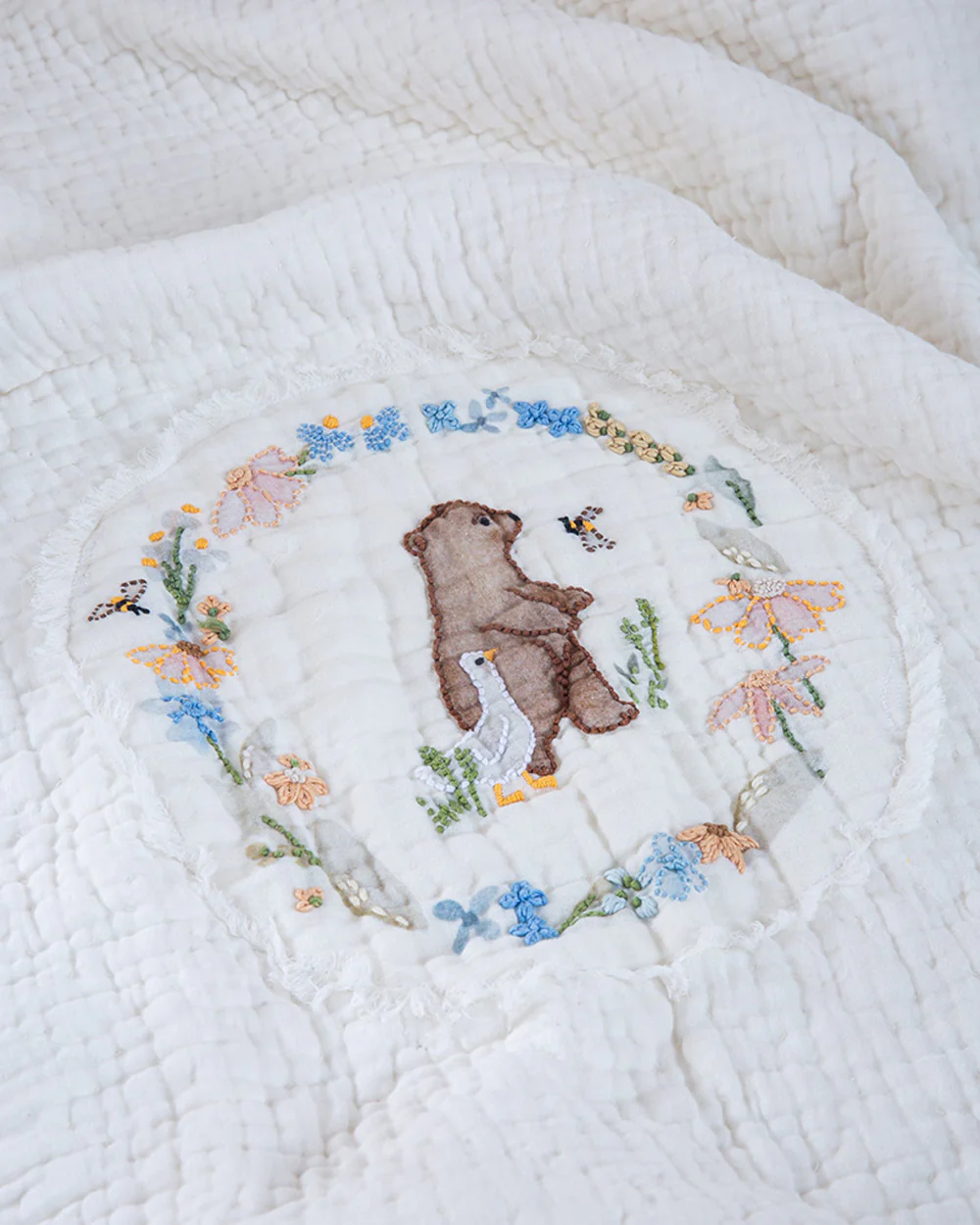 Aplito Baby Bedding Set-Bear & Bloom-Hand Embroidered-100% Organic Muslin Cotton-White-For Infants - Image 2