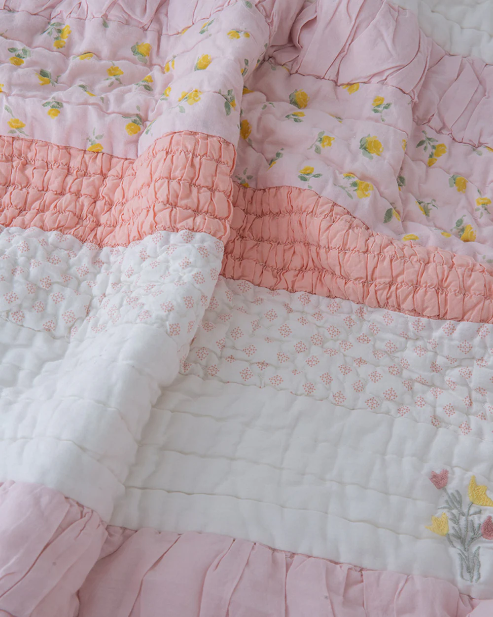 Aplito Baby Bedding Set-Bella Blush-Hand Embroidered-100% Organic Cambric Cotton-White & Pink-For Infants - Image 3
