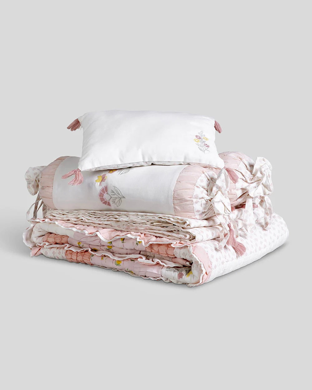 Aplito Baby Bedding Set-Bella Blush-Hand Embroidered-100% Organic Cambric Cotton-White & Pink-For Infants - Image 7