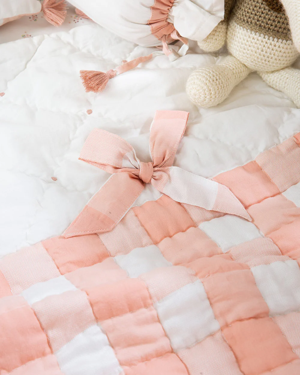 Aplito Baby Bedding Set-Bows and Peaches-Hand Embroidered-100% Organic Cambric Cotton-White & Peach-For Infants - Image 6