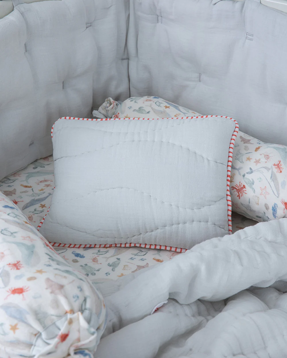 Aplito Baby Bedding Set-Turtle Tales-Hand Embroidered-100% Organic Muslin Cotton-White-For Infants - Image 2