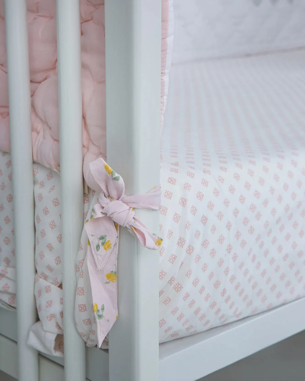 Aplito Baby Cot Bumper-Bella Blush-Hand Embroidered-100% Organic Cambric Cotton-White & Pink-For Infants - Image 5