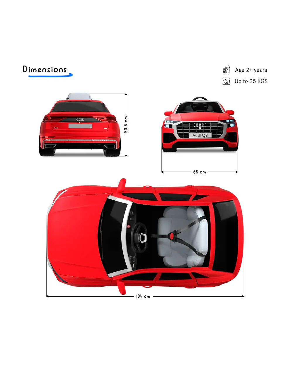 Audi Q8 Ride On Car-Battery Operated-3 Point Safety Belt-With Manual or Remote Option to Steer-Foot Accelerator-Tough Tires with Rear Suspension-Emotorad-For 3Y+ (Upto 30 Kg)-Red - Image 8