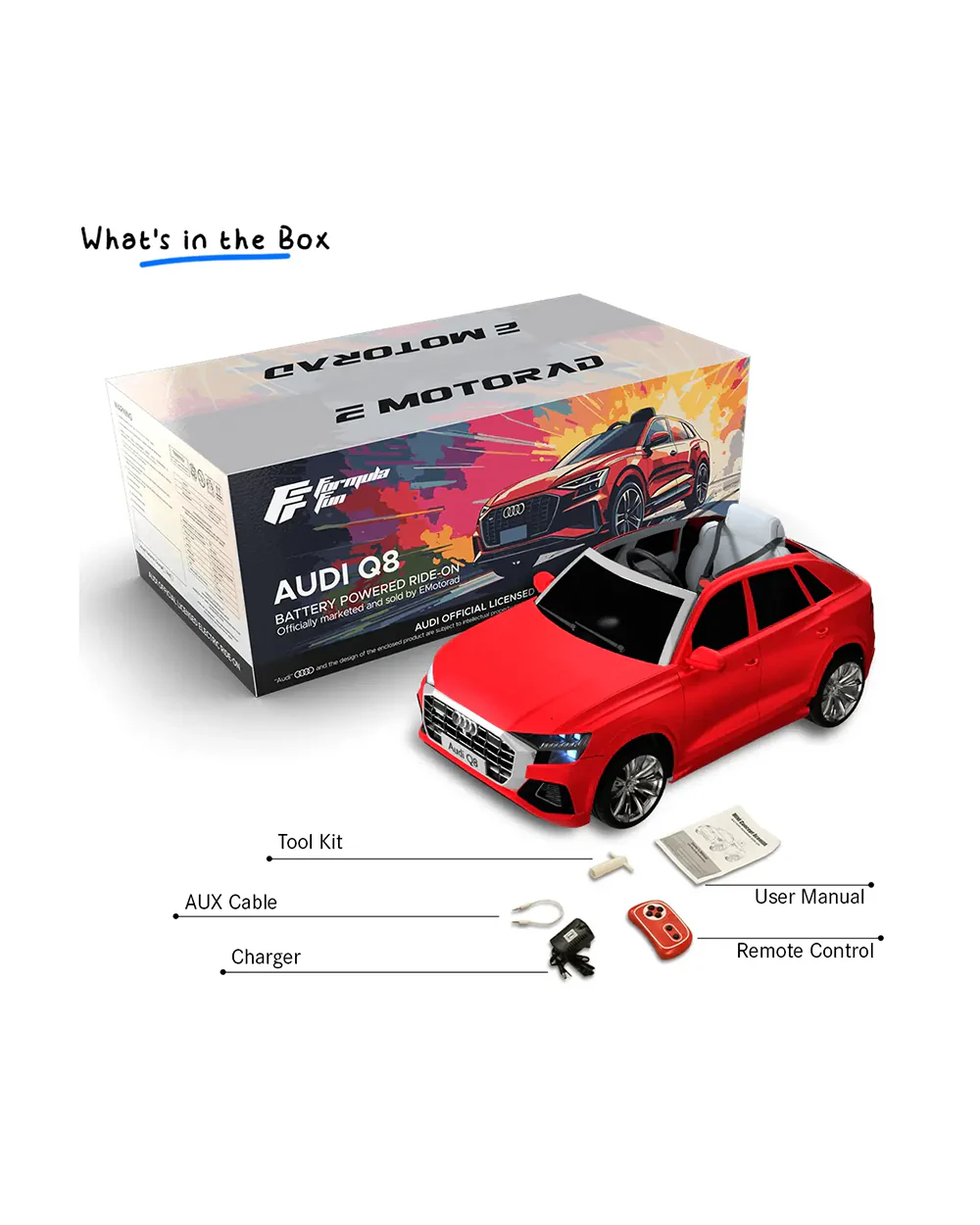 Audi Q8 Ride On Car-Battery Operated-3 Point Safety Belt-With Manual or Remote Option to Steer-Foot Accelerator-Tough Tires with Rear Suspension-Emotorad-For 3Y+ (Upto 30 Kg)-Red - Image 9