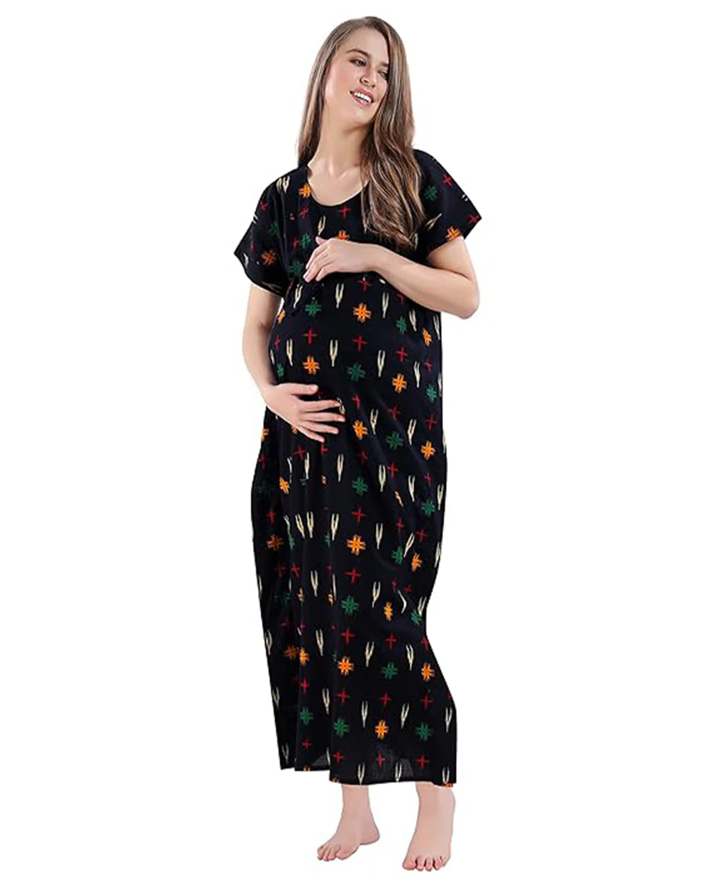 AV2 Black Maternity Nursing Kaftan Nighty-Round Neck-Other Print-Bump Friendly - Image 5