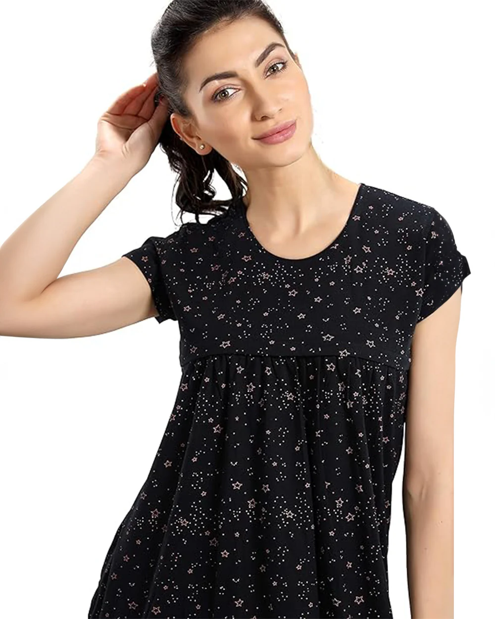 AV2 Black Maternity Nursing Nighty-Round Neck-Other Print-Bump Friendly - Image 4