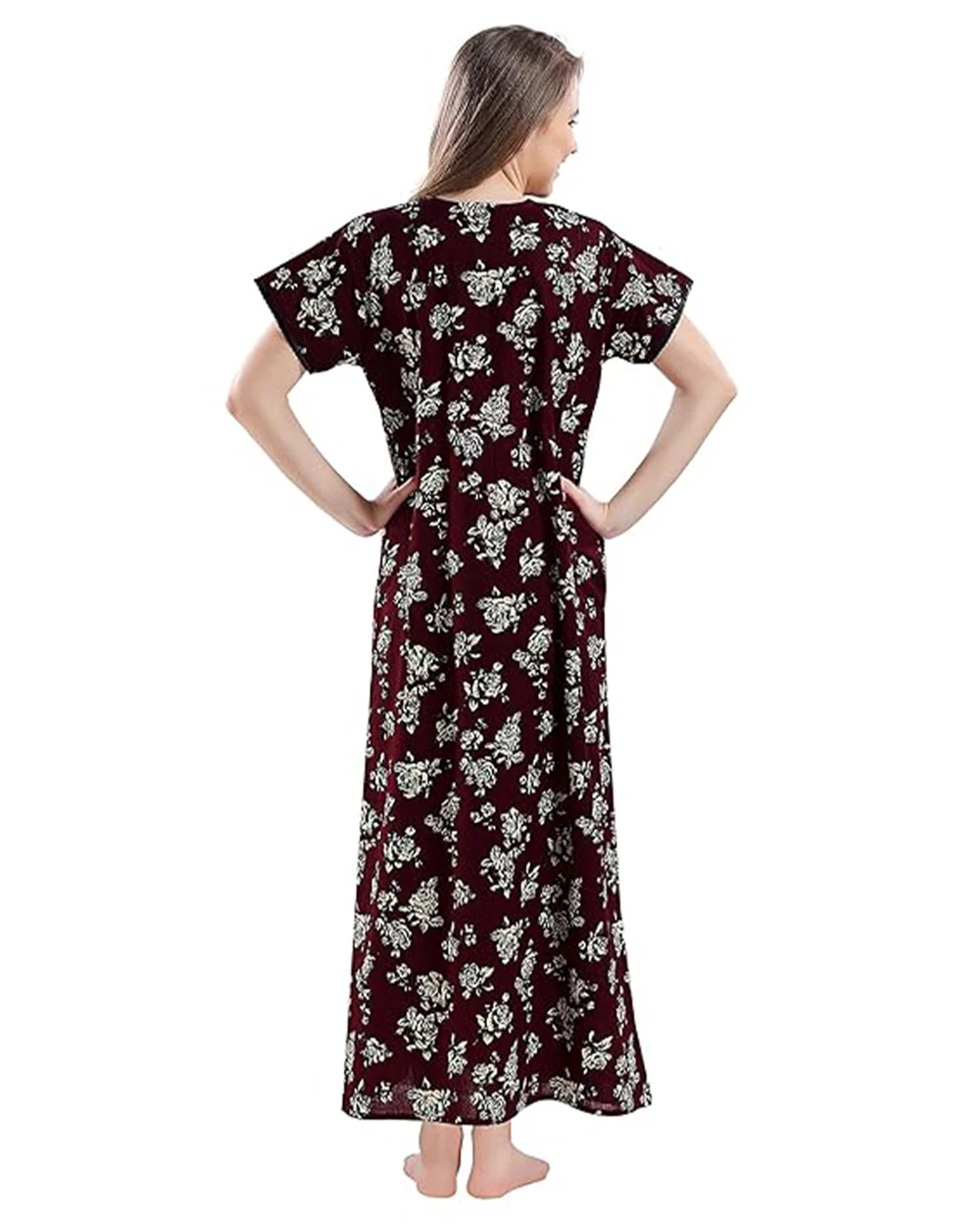 AV2 Brown Maternity Nursing Nighty-Round Neck-Floral Print-Bump Friendly - Image 2