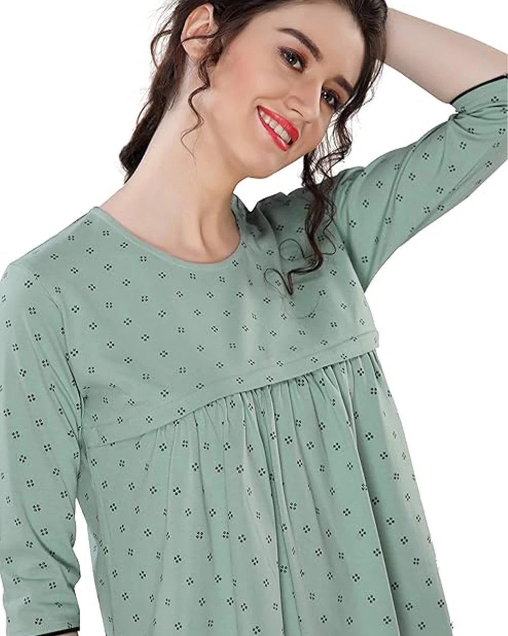 AV2 Sage Green Maternity Nursing Night Suit-Round Neck-Other Print-Bump Friendly - Image 4