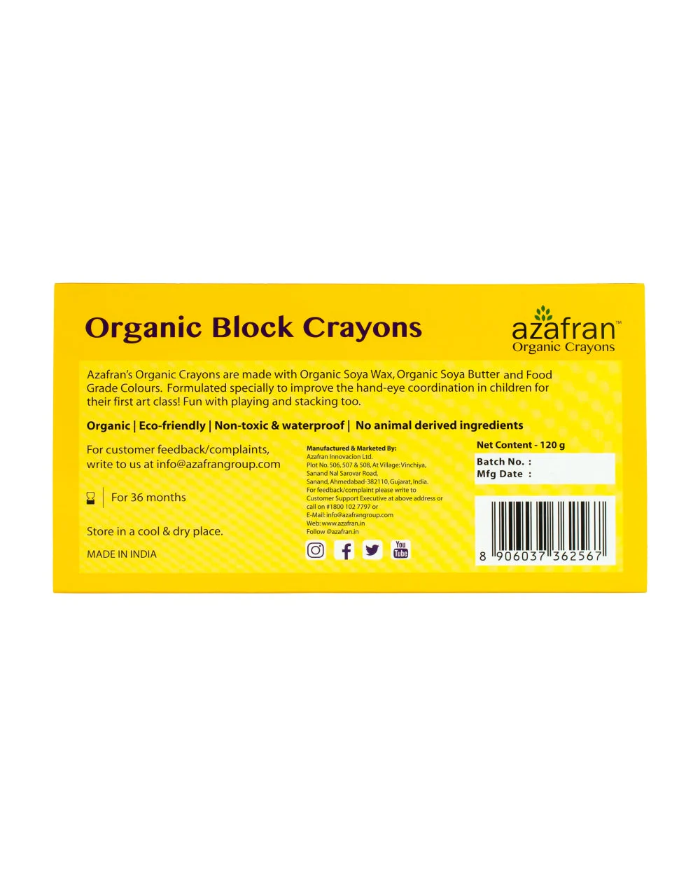 Azafran Organic Block Crayons-Promotes Creativity-Non Toxic-Art & Craft Kit-18M+ - Image 2