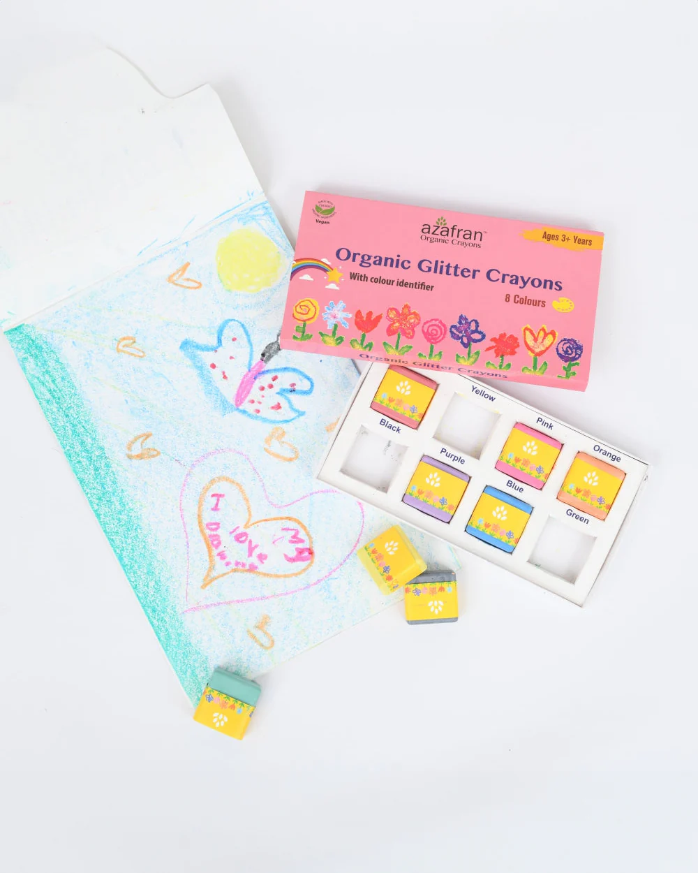 Azafran Organic Glitter Crayons-Pack Of 8-Promotes Creativity-Non Toxic-Art & Craft Kit-18M+ - Image 7
