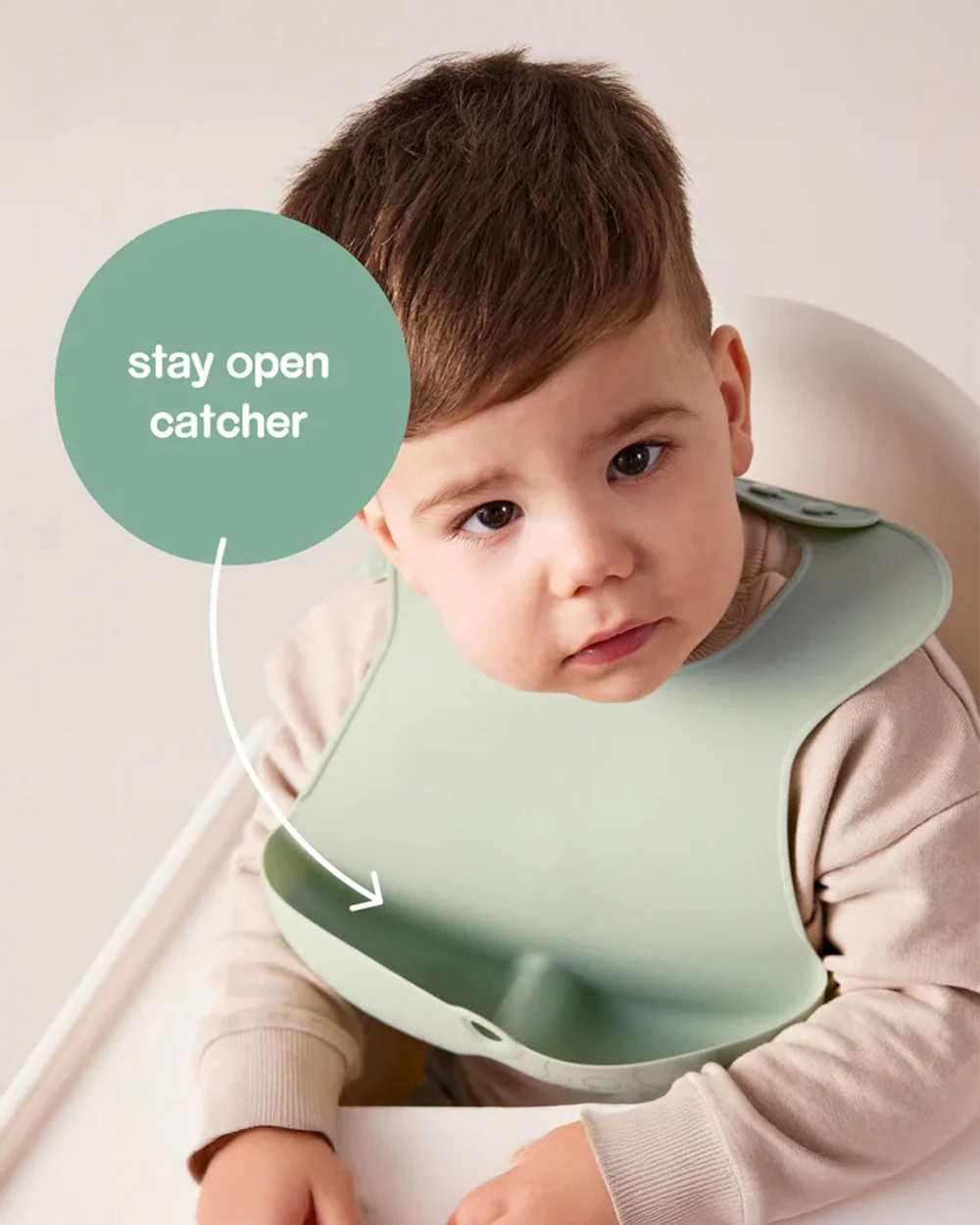 b.box Silicone Bib-Crumb Catcher-Adjustable Neck Closure-Snap Button-Sage-For Infants - Image 2