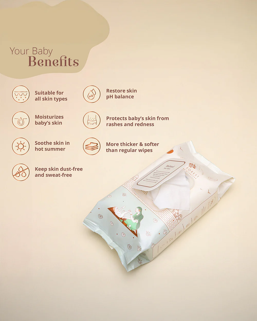 Baby Forest Mulmul Baby Wipes-With 99% Pure Water & Aloe Vera-Reduces Skin Redness & Rashes - Image 2