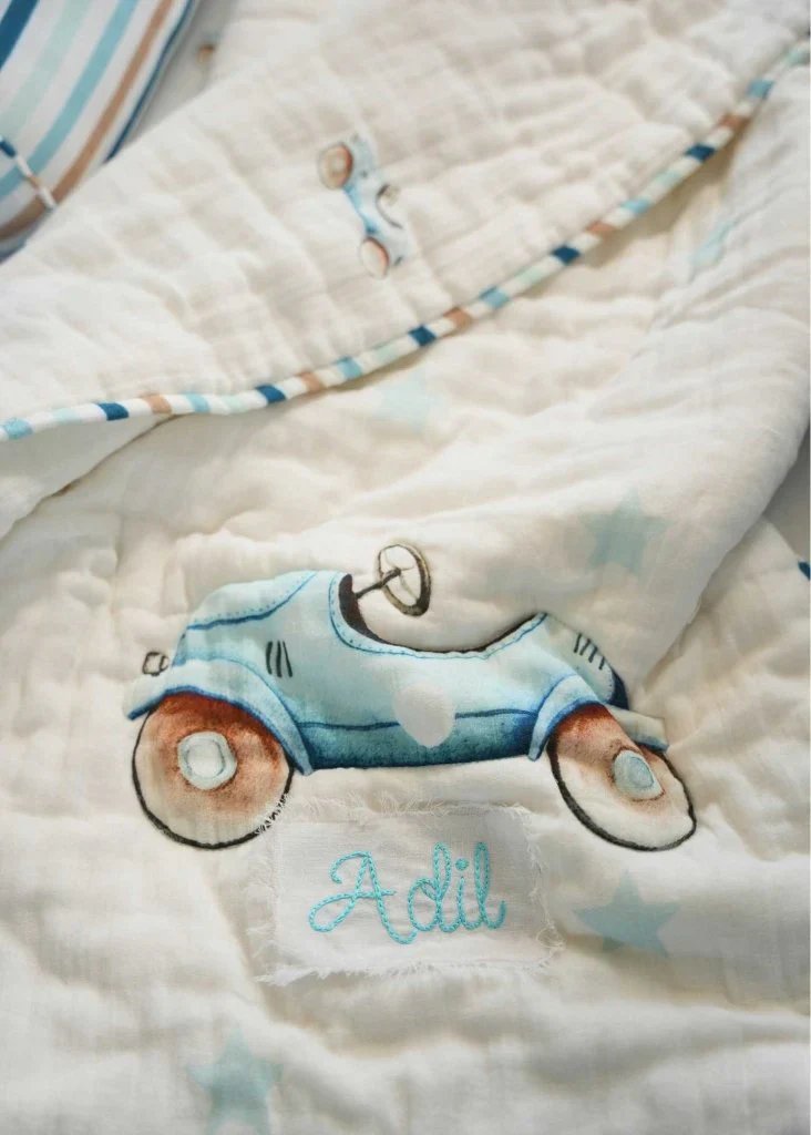 Baby Jalebi Cot Bedding Set-Roadster-Hand Embroidered-100% Organic Cotton-Blue & White-For Infants - Image 3