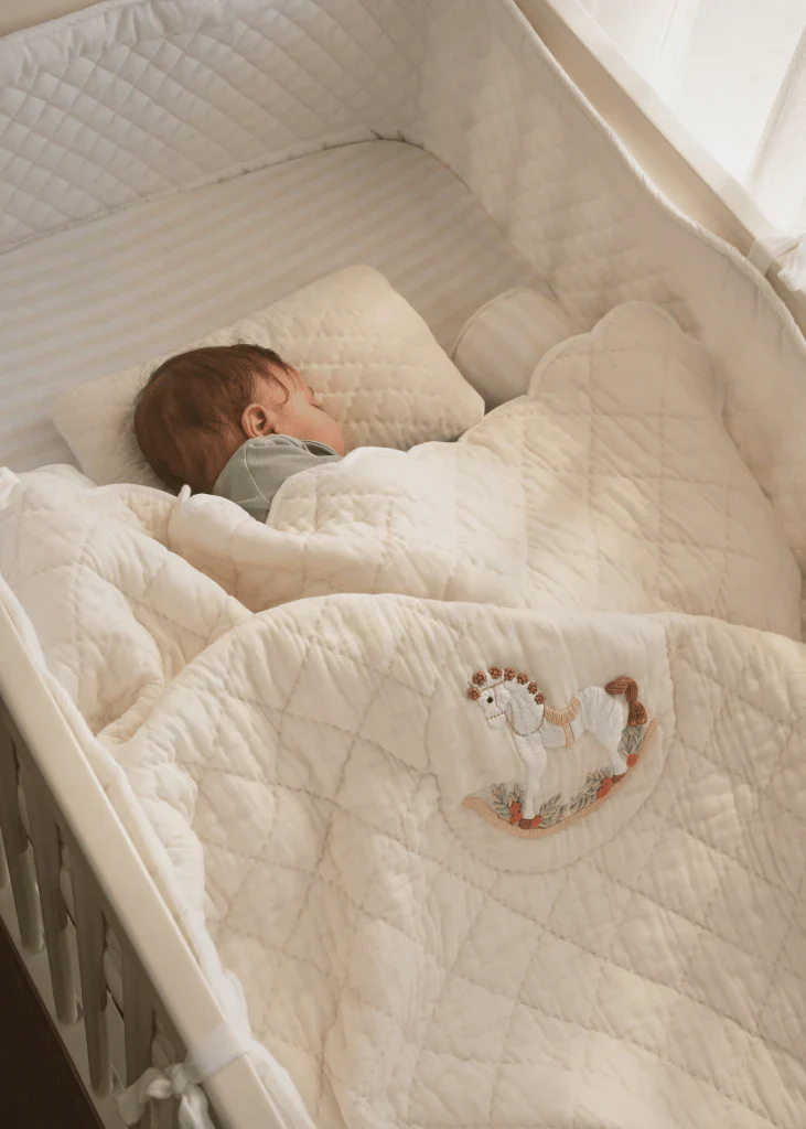 Baby Jalebi Cot Bedding Set-Rocking Horse-Hand Embroidered-100% Organic Cotton-Ecru-For Infants - Image 4
