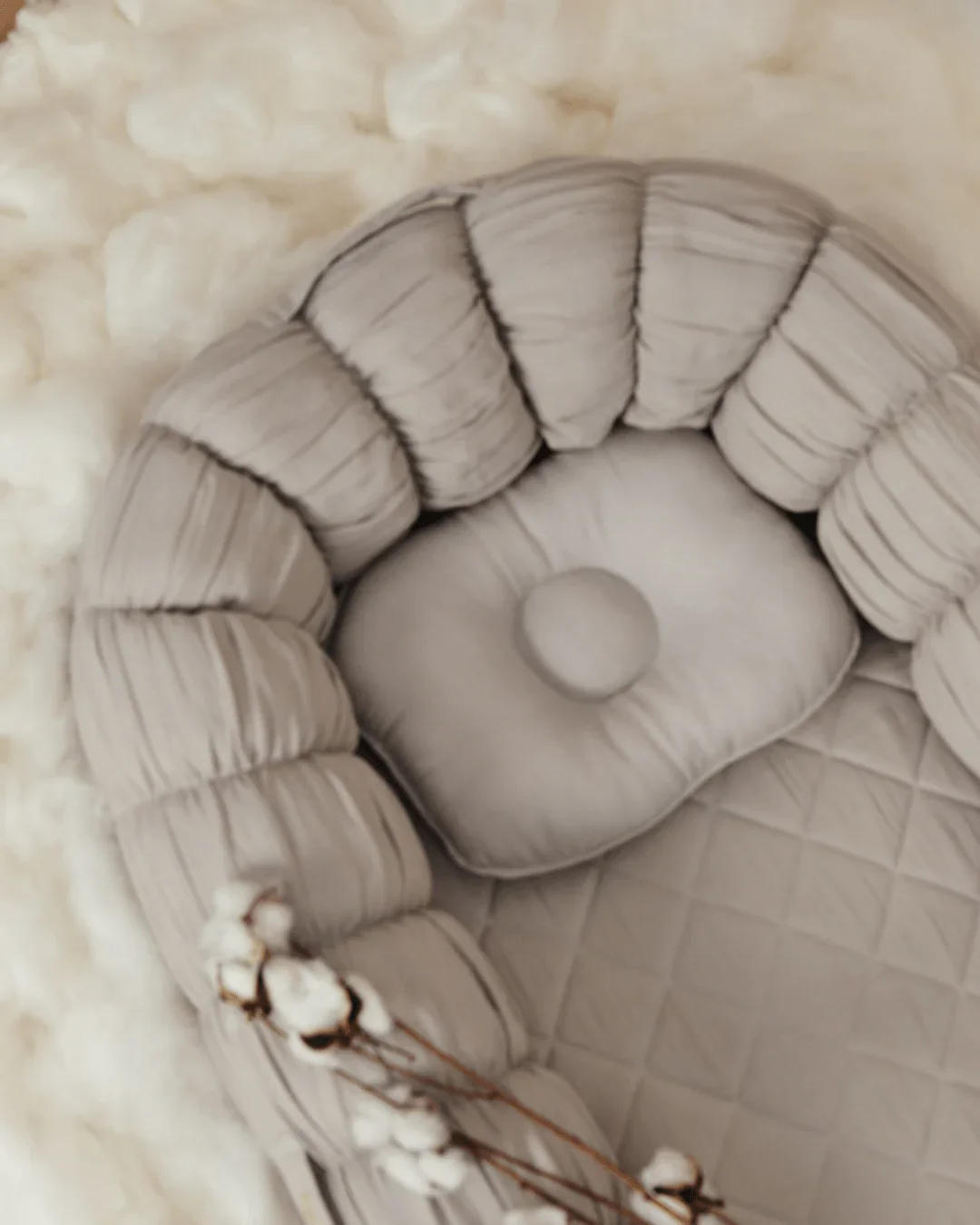 Baby Jalebi Sleep Cloud Nest-Baby Gadda Set With Inbuilt Mosquito Net-Grey-100% GOTS certified Organic Muslin-Newborn Bed - Image 2