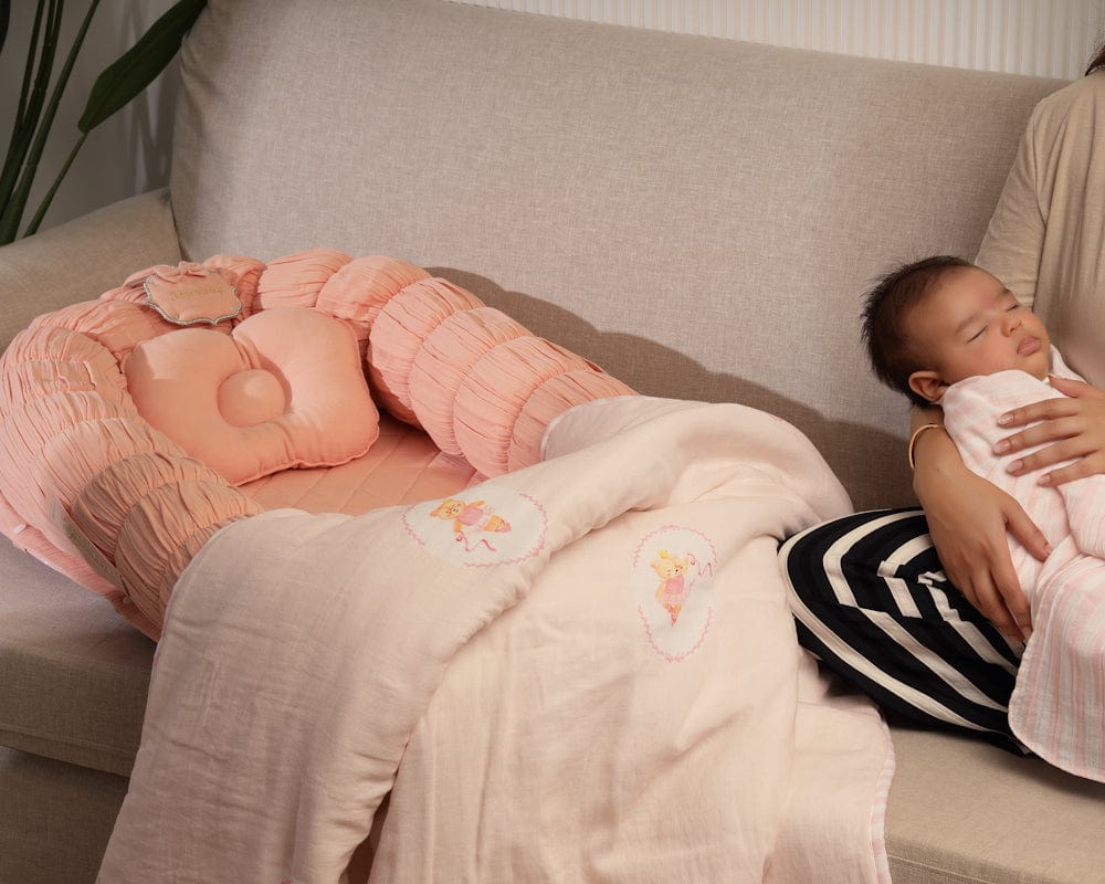 Baby Jalebi Sleep Cloud Nest-Baby Gadda Set With Inbuilt Mosquito Net-Pink-100% GOTS certified Organic Muslin-Newborn Bed - Image 12