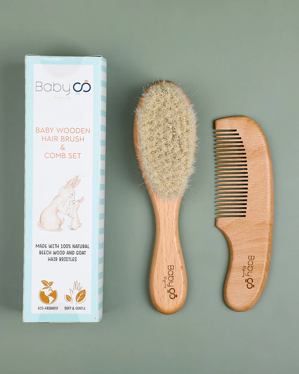 BabyCo Organics Wooden Baby Hair Brush & Comb Set Brown - Image 2