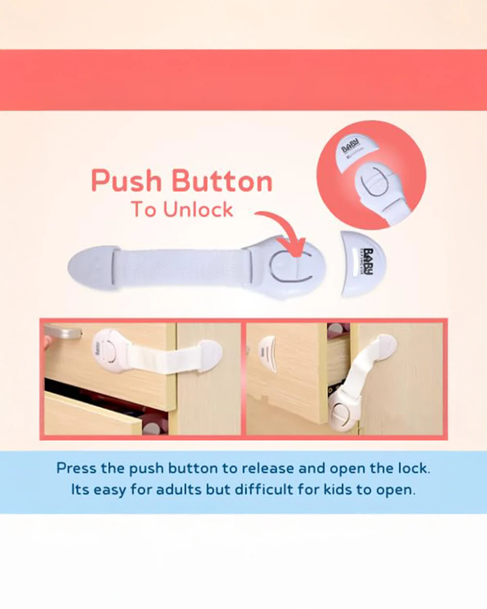BabySafeHouse Safety Lock-Furniture Latch-With 3M Adhesive-Protects Child from Unexpected Opening of Cabinets & Other Drawers White - Image 11
