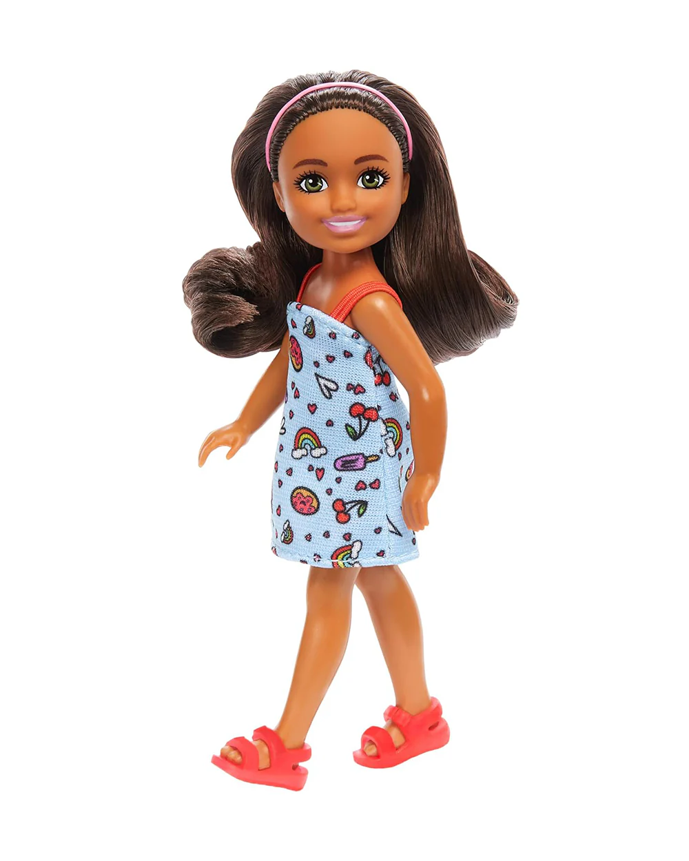 Barbie Chelsea Doll Wearing Removable Blue Dress with Colorful Print & Pink Shoes Brown Hair & Green Eyes-Promotes Role Play-Doll & Doll Houses-12M+ - Image 4