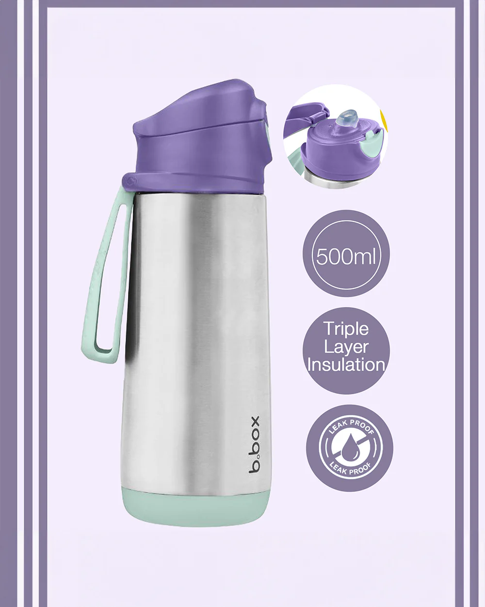 b.box Insulated Sport Spout Drink Bottle-Lilac Pop Purple-Stainless Steel-With Easy Push Button-500 ml - Image 8