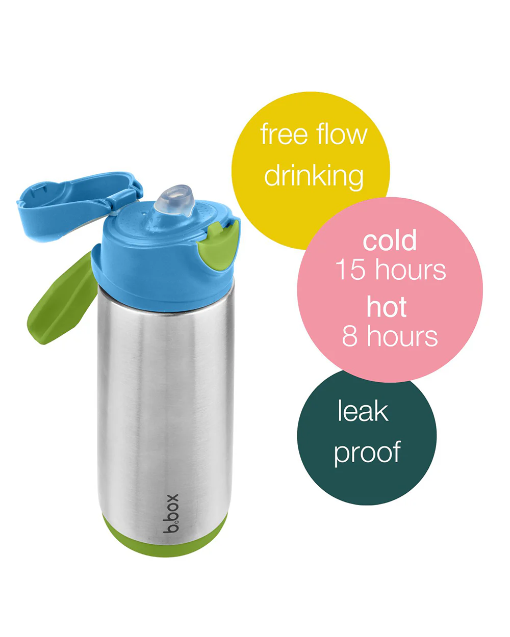 b.box Insulated Sport Spout Drink Bottle-Ocean Breeze Blue Green-Stainless Steel-With Easy Push Button-500 ml - Image 6