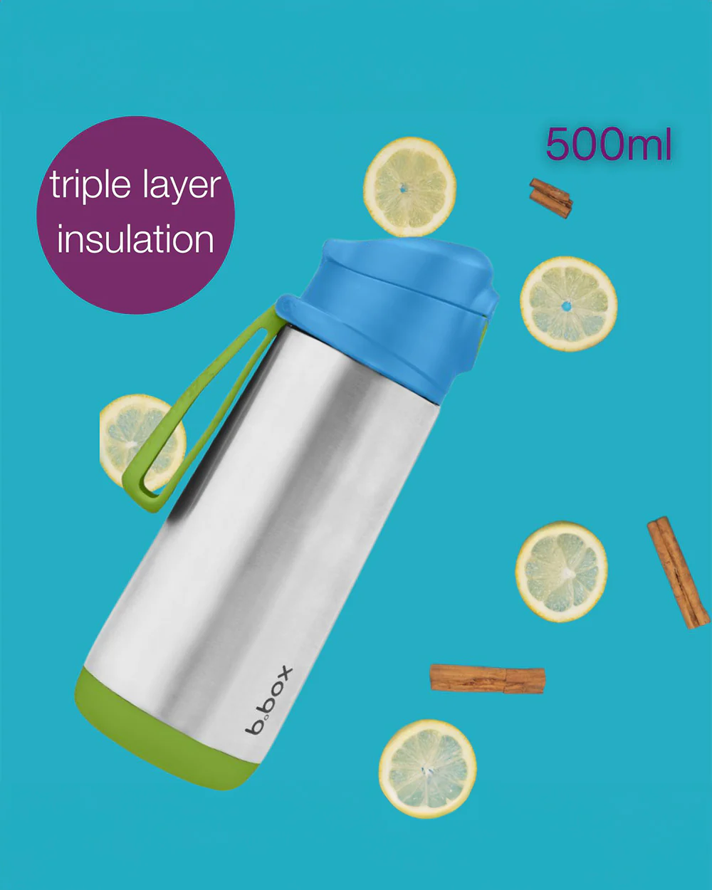 b.box Insulated Sport Spout Drink Bottle-Ocean Breeze Blue Green-Stainless Steel-With Easy Push Button-500 ml - Image 8