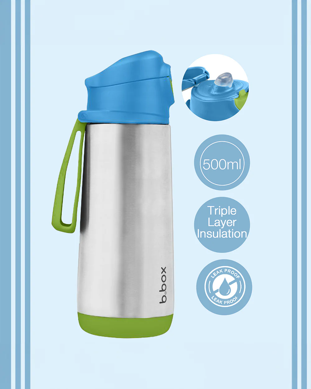 b.box Insulated Sport Spout Drink Bottle-Ocean Breeze Blue Green-Stainless Steel-With Easy Push Button-500 ml - Image 9