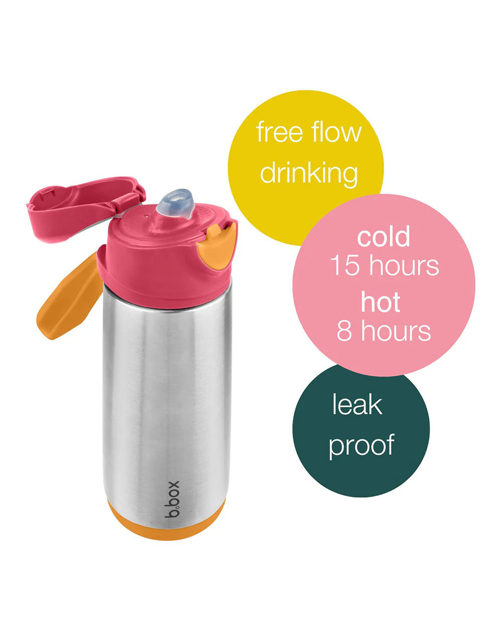 b.box Insulated Sport Spout Drink Bottle-Strawberry Shake Pink Orange-Stainless Steel-With Easy Push Button-500 ml - Image 8