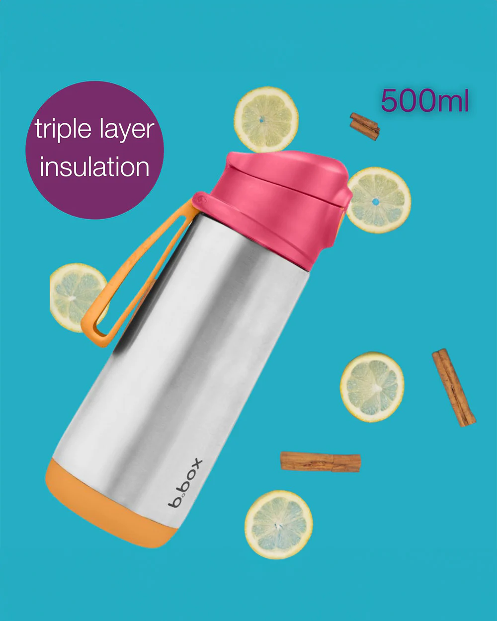b.box Insulated Sport Spout Drink Bottle-Strawberry Shake Pink Orange-Stainless Steel-With Easy Push Button-500 ml - Image 9