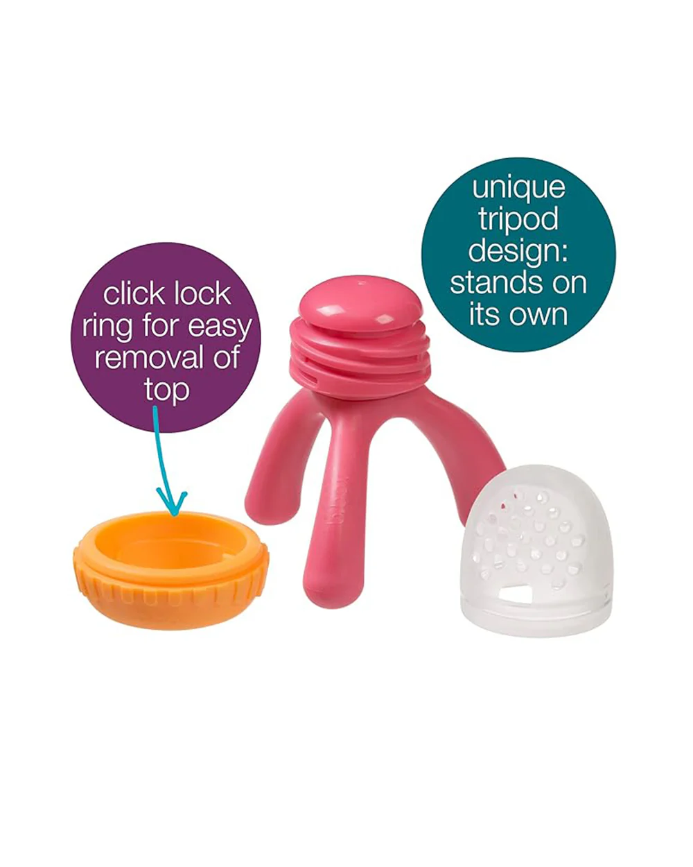 b.box Silicone Fresh Food Feeder-Strawberry Shake Pink Orange-With Unique Tripod Design & Click Lock Ring-For Infants - Image 4