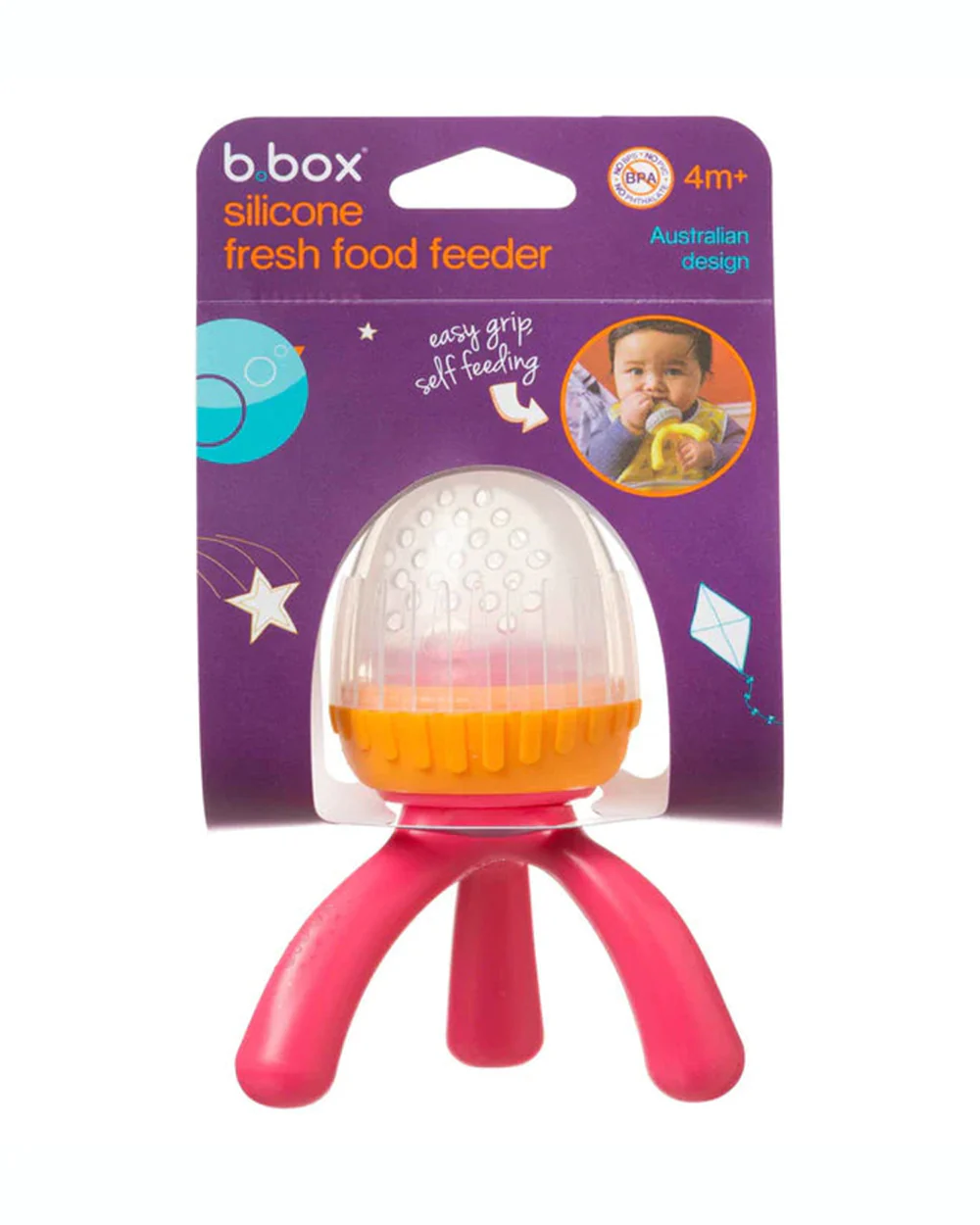 b.box Silicone Fresh Food Feeder-Strawberry Shake Pink Orange-With Unique Tripod Design & Click Lock Ring-For Infants - Image 8