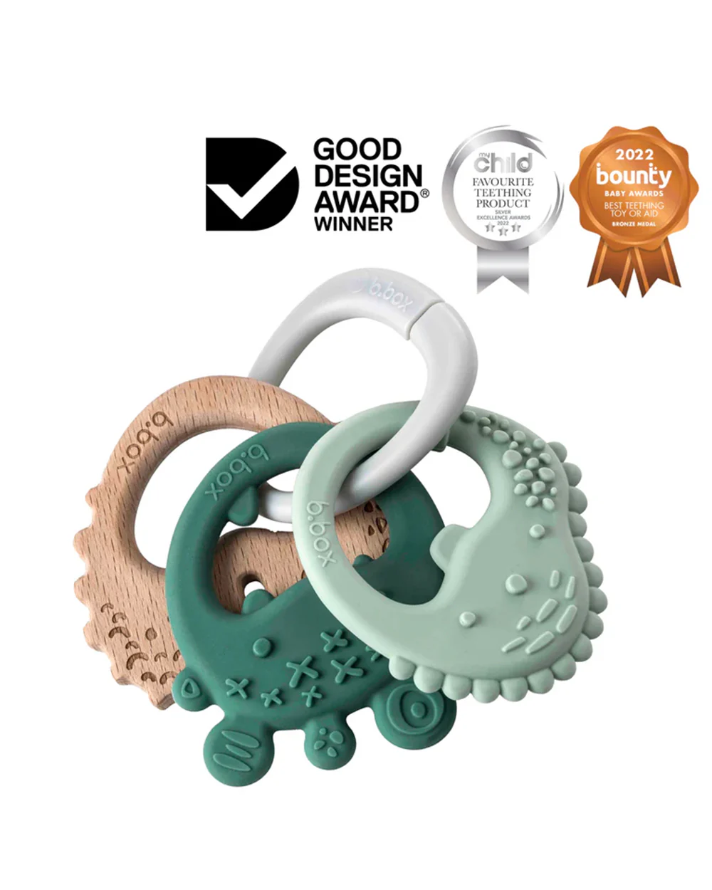 b.box Trio Teether-With Three Textured Teethers-Made of Soft Silicone, Hard Silicone & Beechwood-Supports Sensory Development & Gum Relief-Sage Green-3M+
