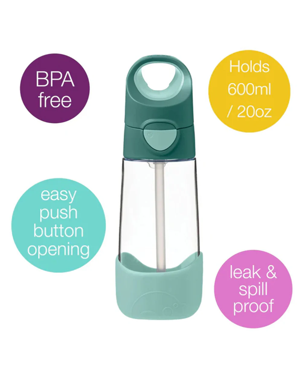 b.box Tritan Straw Sipper-With Easy to Hold Handle-Spill Proof Push Button Lid & Ergonomic Triangular Shape-Emerald Forest-600 ml - Image 4